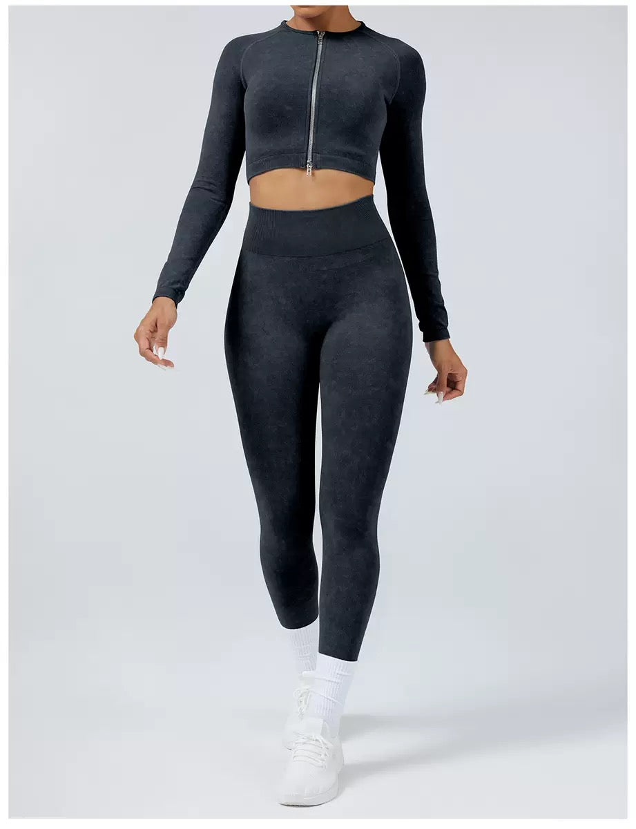 Acid Wash Jacket & Legging Activewear Set