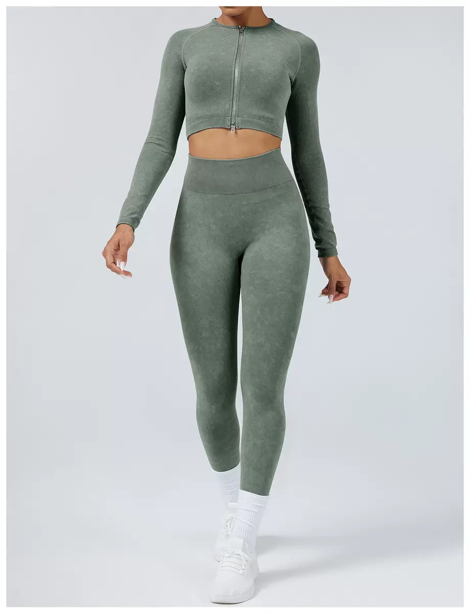 Acid Wash Jacket & Legging Activewear Set